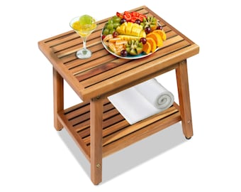 Acacia Wood Outdoor Side Table: 2-Tier Patio End Table, Teak Finish