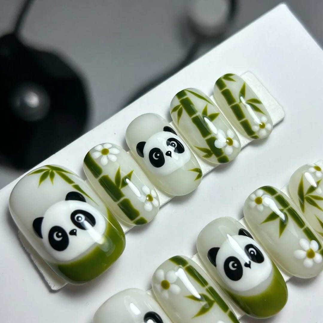 Cute Panda Press on Nails | Green Bamboo & White Flower Nail Art ...