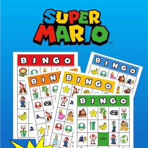 Op de afbeelding: Super Mario Bingo-spelset met meerdere bingokaarten met kleurrijke illustraties van personages en iconen uit de Super Mario-videogame-serie. De tekst "Easy set up and fun for all ages!" is ook opgenomen.