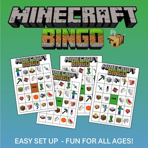 May include: Minecraft Bingo game set with multiple bingo cards featuring Minecraft-themed images. The title "Minecraft Bingo" is displayed in pixelated font. The text "EASY SET UP - FUN FOR ALL AGES!" is also visible.