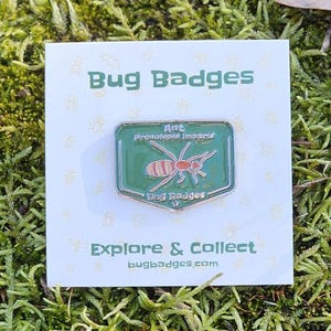 May include: A green and silver enamel pin featuring a detailed illustration of an ant, labeled "Prenolepis imparis." The pin is set against a white card with the text "Bug Badges" and "Explore & Collect." The background is moss.