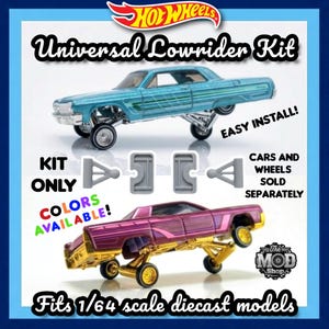 May include: A blue and a purple lowrider car model are displayed, showcasing a universal lowrider kit. The image includes text that reads "Universal Lowrider Kit," "Easy Install!" and "Fits 1/64 scale diecast models."