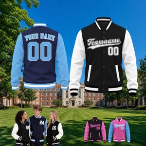May include: A collection of varsity jackets featuring snap-button closures, ribbed collars, and cuffs. The jackets display customizable text such as "YOUR NAME" or "Teamname" and numbers like "00", "24", and "16" in various color combinations.