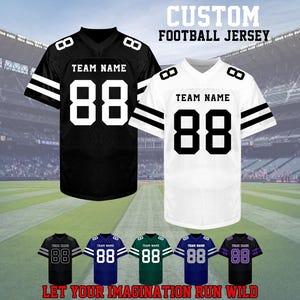 May include: Two football jerseys, one black and one white, featuring the text TEAM NAME and the number 88 on the chest and shoulders. Below are five additional jerseys in black, blue, green, dark blue, and purple, all with the number 88.