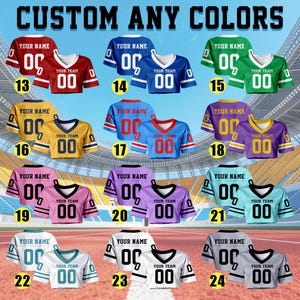 May include: A selection of American football jerseys in a variety of colours, such as red, blue, green, yellow, pink, purple, and teal. Each jersey has space for a name and team number, with the text "CUSTOM ANY COLORS" at the top.