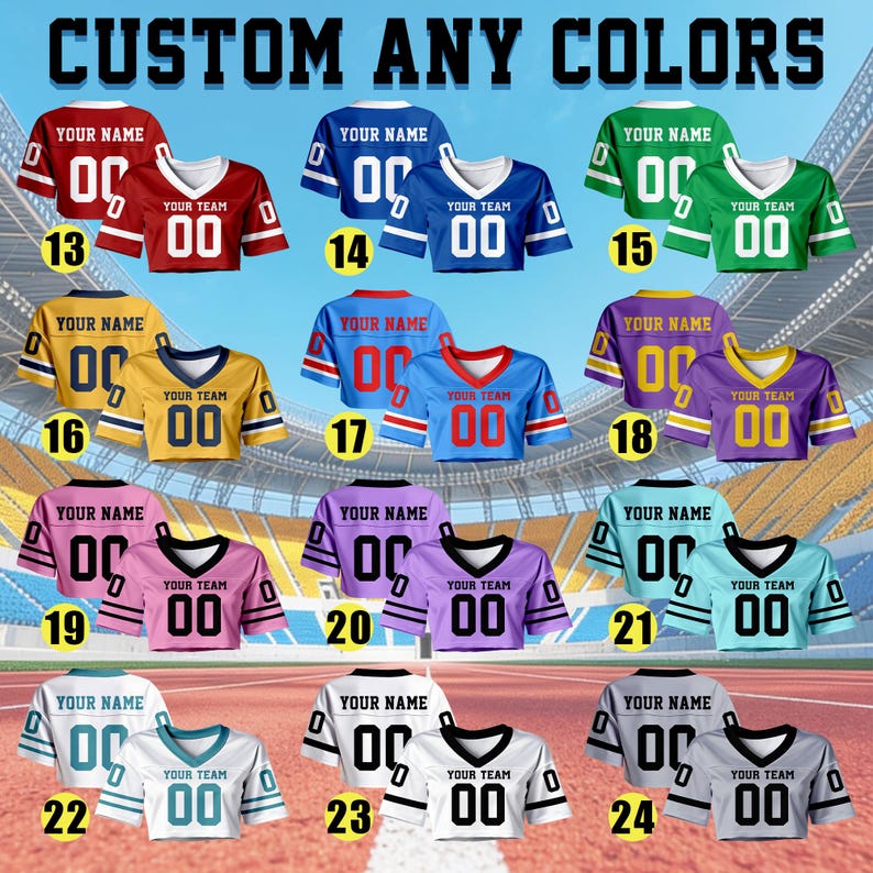 May include: A selection of American football jerseys in a variety of colours, such as red, blue, green, yellow, pink, purple, and teal. Each jersey has space for a name and team number, with the text "CUSTOM ANY COLORS" at the top.