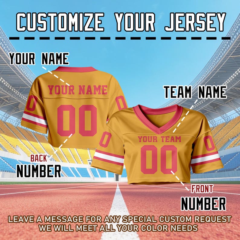 May include: Mustard yellow jersey with red trim, displaying the text "CUSTOMIZE YOUR JERSEY". The front and back of the jersey are visible, with the number "00" and spaces for "YOUR NAME" and "TEAM NAME".