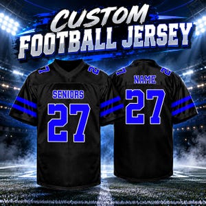 May include: A black football jersey with blue and white trim, featuring the text SENIORS and the number 27 on the front, and the word NAME with the number 27 on the back. The jersey has short sleeves with two blue stripes and the number 27.