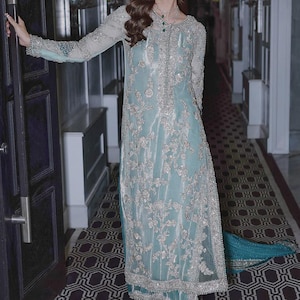 Aqua Blue Pakistan Wedding Suit | Hand Embellished Net Dress | Indian Luxury Nikkah Outfit