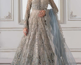 Himmelblau gestickte Braut Lehenga choli pakistanische Hochzeit Maxi Kleid Luxus-Party Wear Outfit