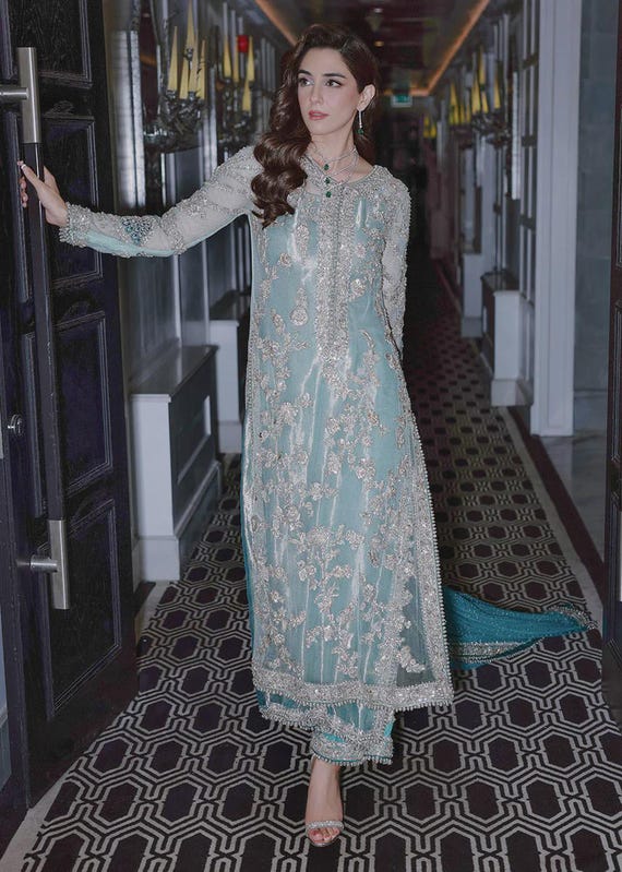 blue dress for baby girl Dive into Serenity with Aqua Color Pakistani Designer Dress