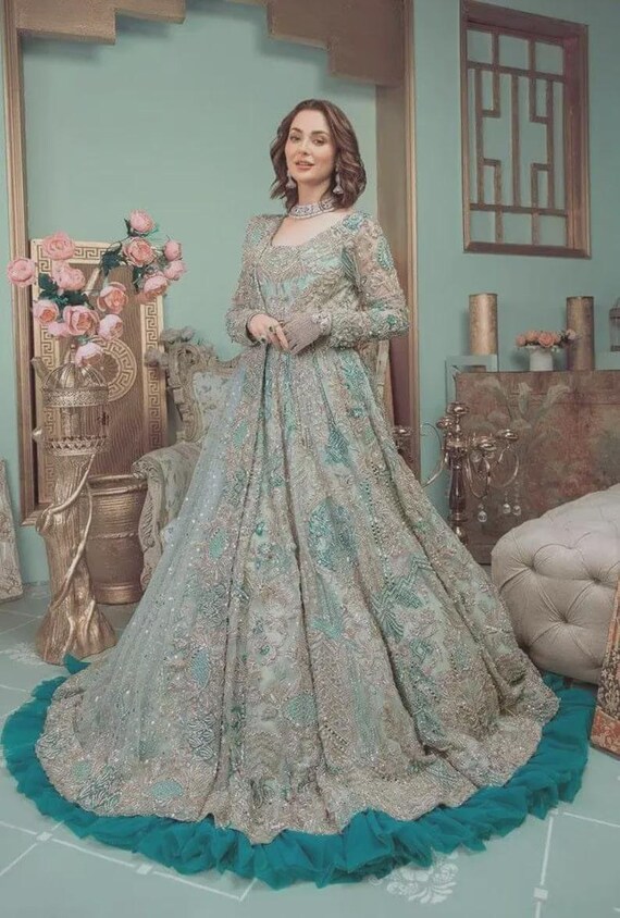Pakistan Olive Green Embroidered Net Anarkali |indian Nikah Walima Party Maxi  Dress - Etsy Israel