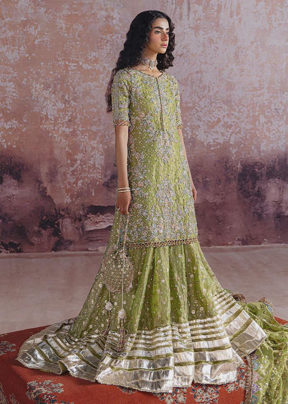 Pakistan Wedding Green Dress, Shalwar Kameez, Fully Embroidery, Mehndi  Nikah Indian Gharara Kurti Outfit - Etsy Israel