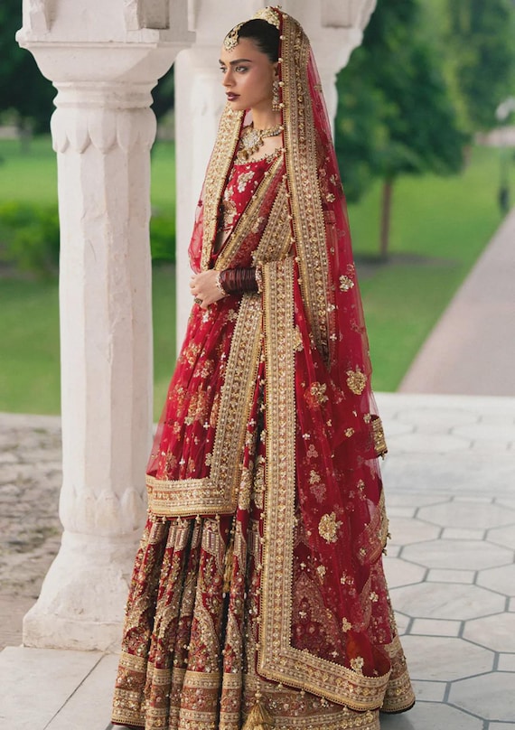slim fit dress slacks Glamorous Embroidered Organza Red Bridal Dress with Rich Embellishments –  Best Price Online in Pakistan