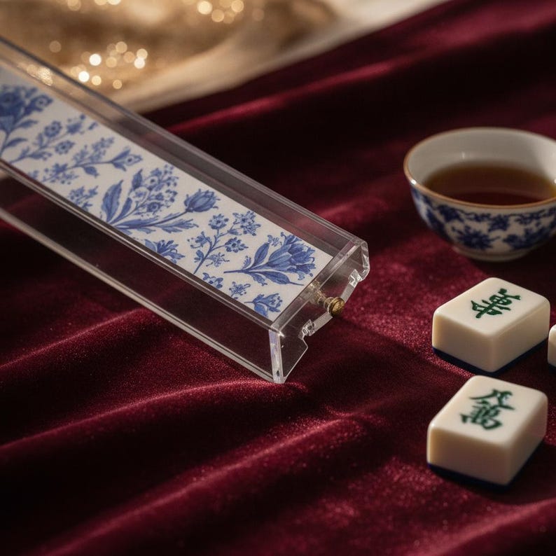 May include: A clear acrylic mahjong tile rack featuring a blue and white floral pattern along its length, accompanied by two white mahjong tiles with green characters and a small ceramic tea cup with a blue and white floral design.