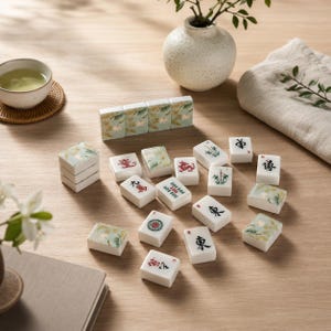 May include: A collection of white mahjong tiles featuring various red and green Chinese characters, symbols, and floral patterns. Some tiles are stacked in a row, while others are scattered across the surface, displaying intricate designs.