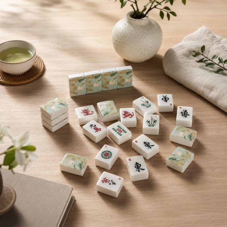 May include: A collection of white mahjong tiles featuring various red and green Chinese characters, symbols, and floral patterns. Some tiles are stacked in a row, while others are scattered across the surface, displaying intricate designs.