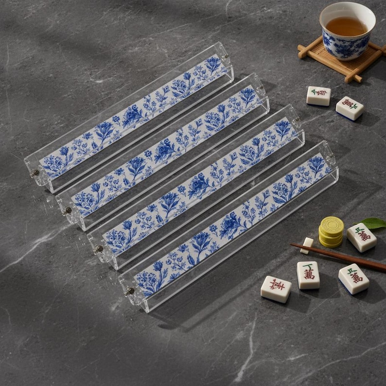 White Lotus Floral Acrylic Mahjong American Set 166 Pcs, 1.4"x1.0"x0.6" Chinoiserie Tiles Set, Luxury Mahjong Gift image 5