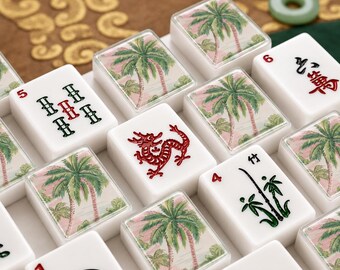 Tropical Mahjong Tile Set, 1.4"x1.0"x0.6" American Acrylic Beach Palm Tree Design Mahjong Game, 166 Pieces Mahjong Gift, Summer Board Game