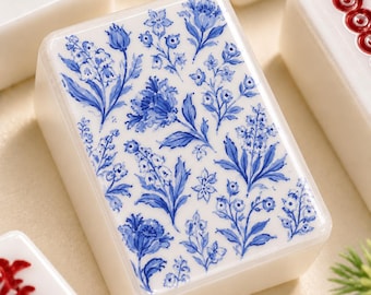 Blue Porcelain Floral Acrylic Mahjong American Set 166 Pcs, 1.4"x1.0"x0.6" Chinoiserie Tiles Set, Luxury Mahjong Gift