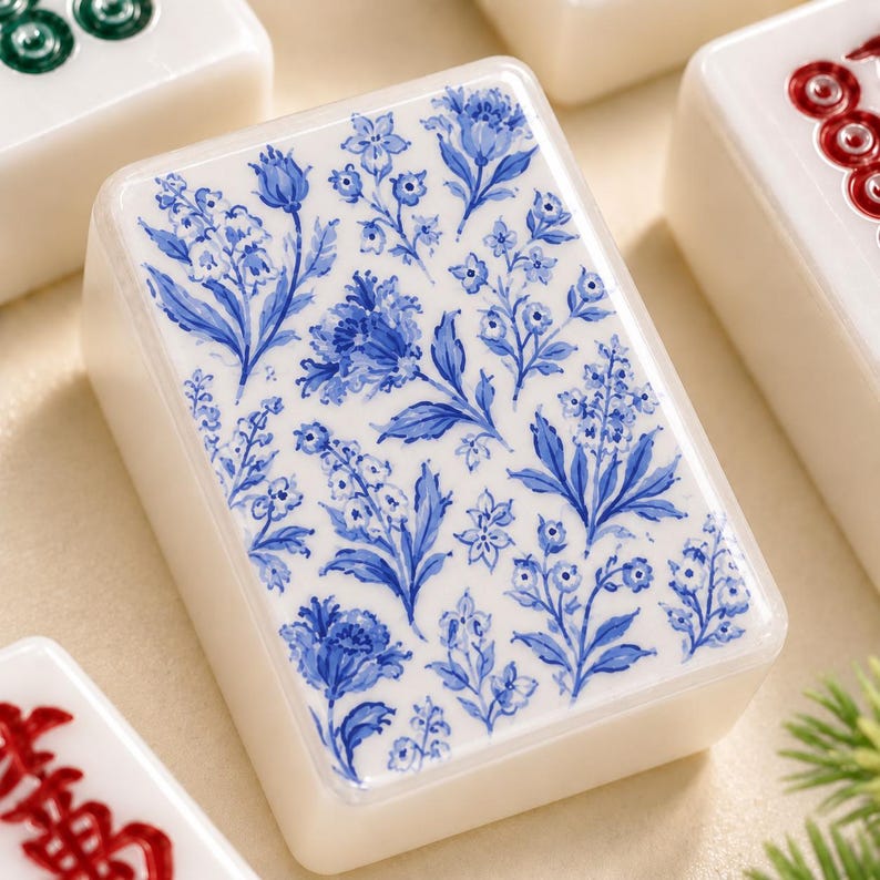 May include: A rectangular mahjong tile with an off-white base featuring a detailed blue floral pattern on its face. The design consists of various stylised flowers and leaves arranged across the surface, surrounded by other game tiles.