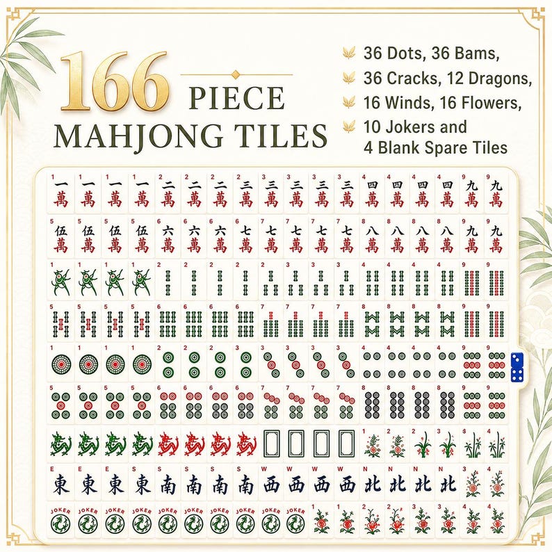 White Lotus Floral Acrylic Mahjong American Set 166 Pcs, 1.4"x1.0"x0.6" Chinoiserie Tiles Set, Luxury Mahjong Gift image 9