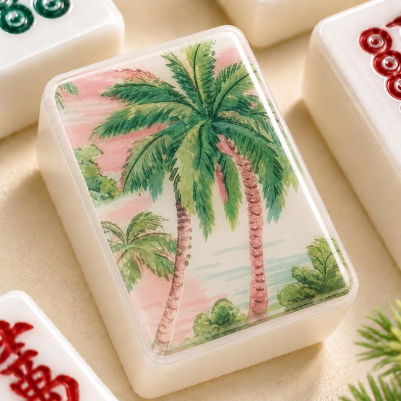 Tropical Mahjong Tile Set, 1.4"x1.0"x0.6" American Acrylic Beach Palm Tree Design Mahjong Game, 166 Pieces Mahjong Gift, Summer Board Game image 4