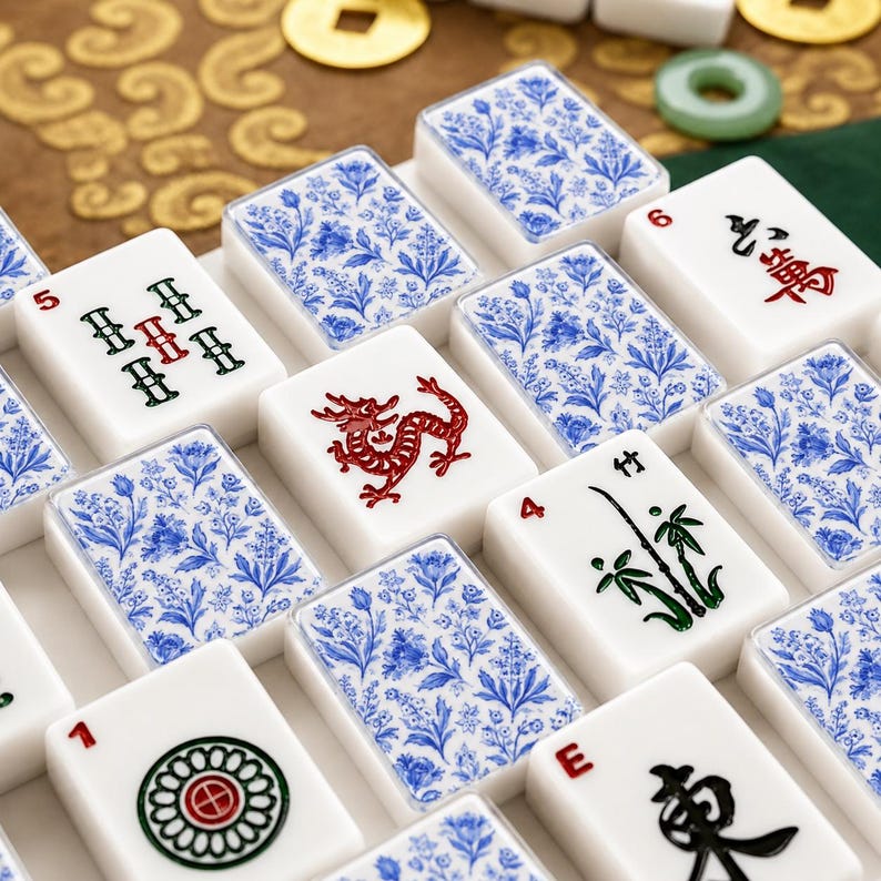 May include: A collection of white mahjong tiles featuring a mix of blue and white floral patterned backs and front faces with red, green, and black ink designs including a red dragon, bamboo stalks, Chinese characters, and numerical indicators.