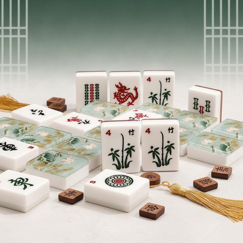 May include: A set of white mahjong tiles featuring red and green ink illustrations of dragons, bamboo, and floral patterns. Some tiles display the number 4, while others show intricate lotus designs. Small brown wooden markers and a gold tassel are included.