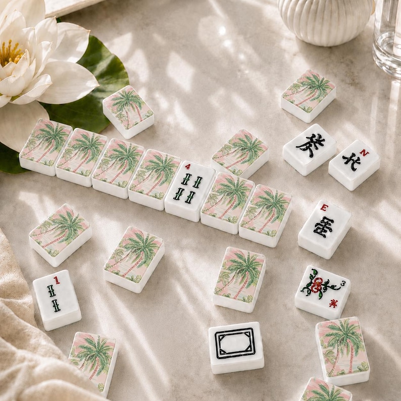 May include: A collection of rectangular mahjong tiles featuring a pink and green palm tree pattern on the back. Some tiles display black Chinese characters, red numbers, or floral motifs on their faces. The tiles are white with smooth edges.