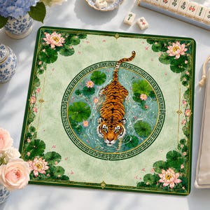 Tiger Lotus Mahjong Mat, Elegant Asian Game Table Cover, Unique Floral Animal Art Playmat, Luxury Gaming Accessory Gift image 1