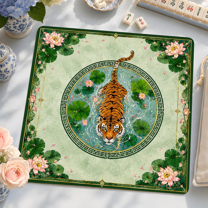 Tiger Lotus Mahjong Mat, Elegant Asian Game Table Cover, Unique Floral Animal Art Playmat, Luxury Gaming Accessory Gift image 1