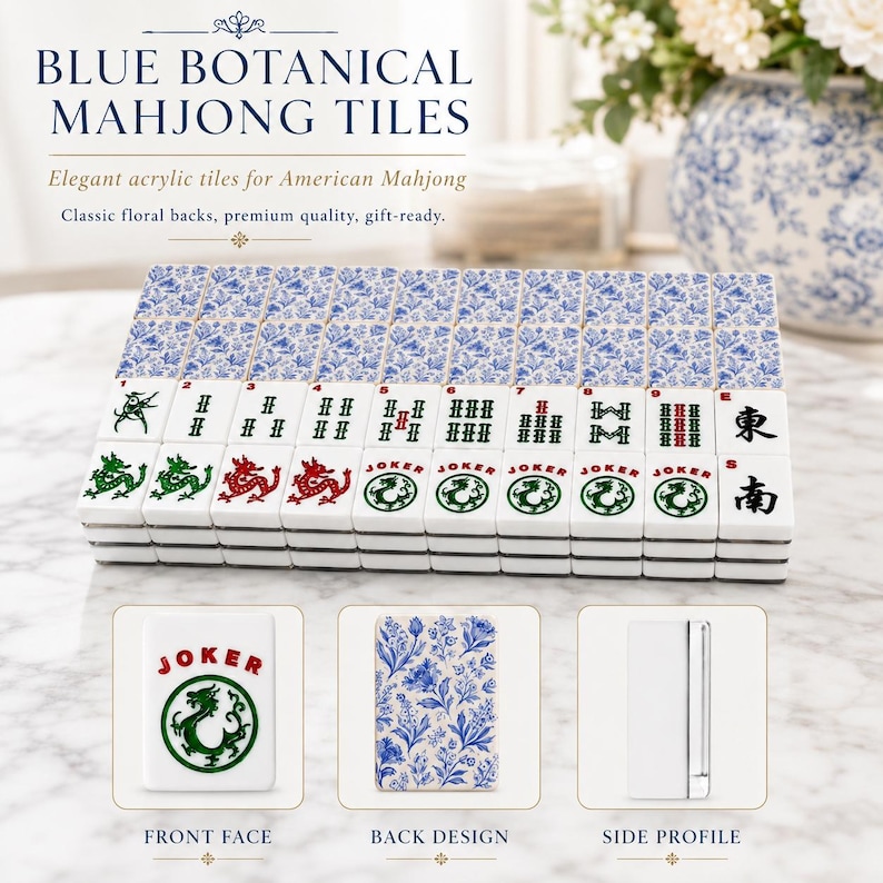 May include: A set of white acrylic Mahjong tiles featuring blue floral patterns on the backs and various green, red, and black character, dragon, and joker designs on the faces. The tiles are displayed in a grid with detailed close-up views.