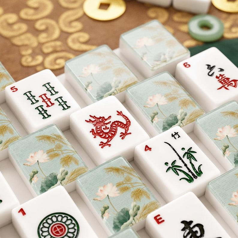 White Lotus Floral Acrylic Mahjong American Set 166 Pcs, 1.4"x1.0"x0.6" Chinoiserie Tiles Set, Luxury Mahjong Gift image 1