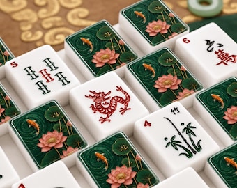 Koi with Lotus Mahjong Tiles Set, 1.4"x1.0"x0.6" American Acrylic Mahjong Tiles, 166 Pieces Chinoiserie Mahjong Tiles Gift