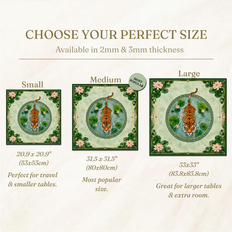 May include: Three square mats featuring a tiger swimming in a pond with lotus flowers, labeled Small 20.9 x 20.9 inches, Medium 31.5 x 31.5 inches, and Large 33 x 33 inches. The text reads CHOOSE YOUR PERFECT SIZE, Available in 2mm & 3mm thickness.