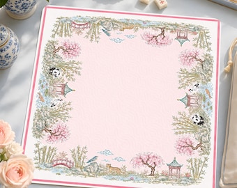 Pink Mahjong Table Mat, Aesthetic Chinoiserie Game Board, Oriental Cherry Blossom Crane Koi Fish Decor