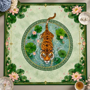 May include: A square mat featuring a central circular frame with a tiger swimming in water surrounded by green lily pads and pink lotus flowers. The background is a light green textured surface with a decorative border of lotus flowers and leaves.