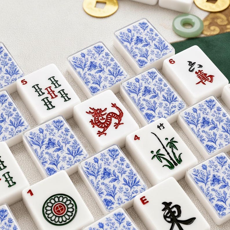 May include: A collection of white mahjong tiles featuring a blue and white floral pattern on the back. Some tiles display red and green symbols, including a red dragon, a bamboo stalk, a circular design, and Chinese characters with red numbers.