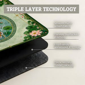 May include: A rectangular mat featuring a green lotus and tiger illustration with text reading TRIPLE LAYER TECHNOLOGY, Smooth micro woven fabric, Durable overlocked stitching, Eco-friendly waterproof XPE layer, and Thick non-slip rubber backing.