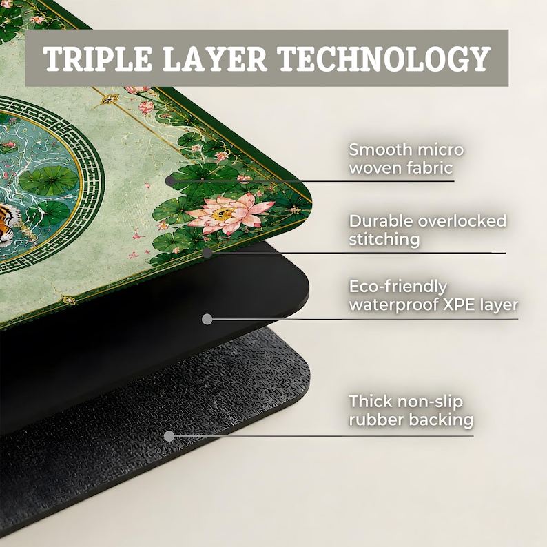 May include: A rectangular mat featuring a green lotus and tiger illustration with text reading TRIPLE LAYER TECHNOLOGY, Smooth micro woven fabric, Durable overlocked stitching, Eco-friendly waterproof XPE layer, and Thick non-slip rubber backing.