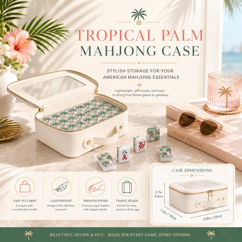 Tropical Mahjong Tile Set, 1.4"x1.0"x0.6" American Acrylic Beach Palm Tree Design Mahjong Game, 166 Pieces Mahjong Gift, Summer Board Game image 2