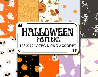 May include: A selection of Halloween-themed digital patterns. Designs feature pumpkins, ghosts, skeletons, and candy corn on various coloured backgrounds. The text "HALLOWEEN PATTERN" is displayed, along with dimensions of 30.48 cm x 30.48 cm.