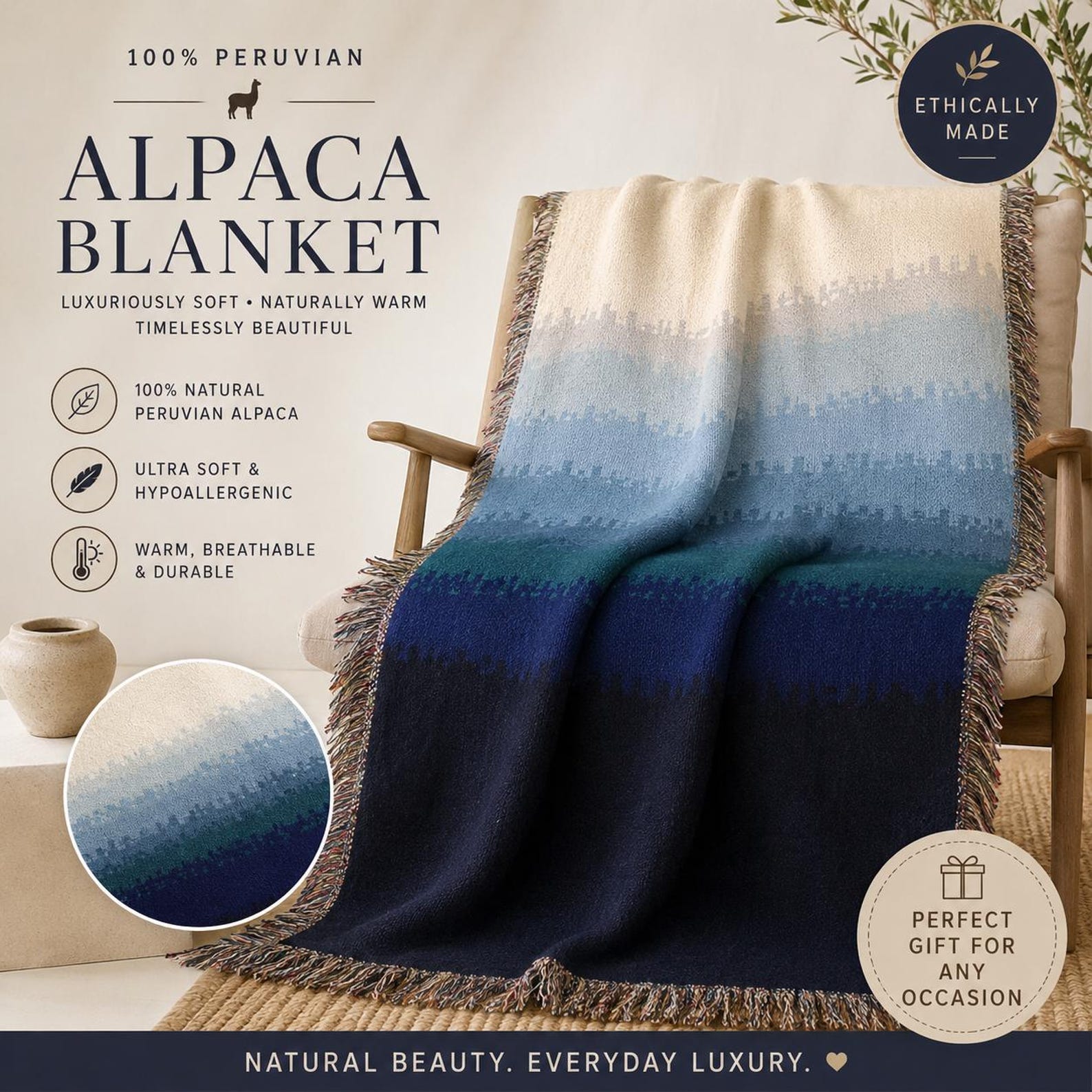 Woven Cotton Blanket Ombre Blue