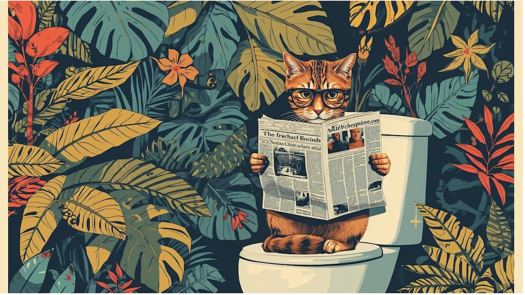Funny Cat Reading Newspaper on Toilet Print - Retro Bathroom Wall Art ...