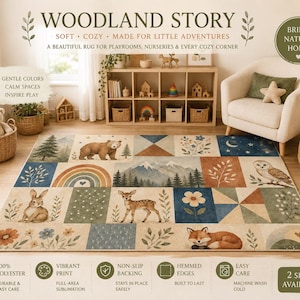 May include: A rectangular area rug featuring a patchwork design with illustrations of a bear, a deer, a fox, an owl, a rabbit, mountains, trees, flowers, and a rainbow in muted earth tones of brown, blue, green, and cream on a light background.