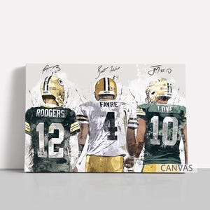 May include: Canvas print depicting three American football players in green and gold uniforms, seen from behind. The players wear helmets and jerseys with the numbers 12, 4, and 10. Signatures are above the players. The word "Canvas" is at the bottom.