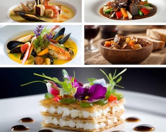 Rituales culinarios franceses: paquete de 132 impresiones artísticas digitales con repostería, clásicos de bistró, quesos y postres gourmet.
