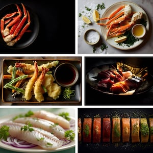 Seafood & Gourmet Rituals - 36 Digital Art Prints Bundle Featuring Sushi, Shellfish, Grilled Fish and Elegant Plating