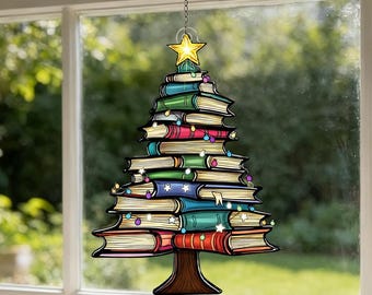 読書好きのためのアクリル製オーナメント（木製サイン付き）、クリスマスプレゼント、読書好き、教師、司書、読書クラブの友人への贈り物。
